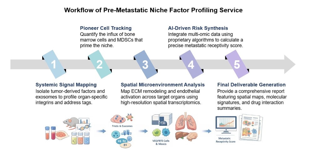 Core steps of pre-metastatic niche factor profiling. (Creative Biolabs Original)