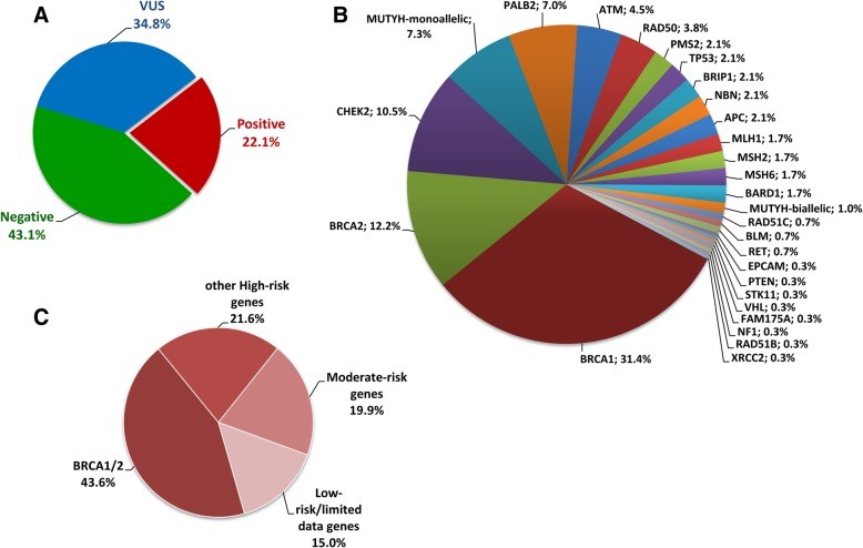 Fig.1 Positive panel testing results in individuals: Genes and findings categorized by associated cancer risk level. (OA Literature)
