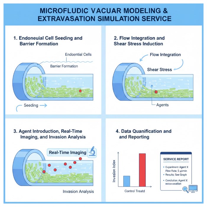 Workflow of microfluidic vascular modeling & extravasation simulatio. (Creative Biolabs AI)