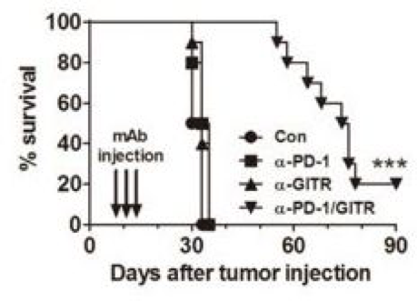 Fig.3 Combined anti-PD-1/GITR mAb induces tumor-specific long-lasting immunity against ovarian cancer. (Lu, et al., 2014)