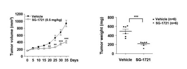 SG-1721 inhibits tumor growth in vivo. The tumor volumes and tumor weight was measured during the experiment. (Hyejin, et al., 2019)