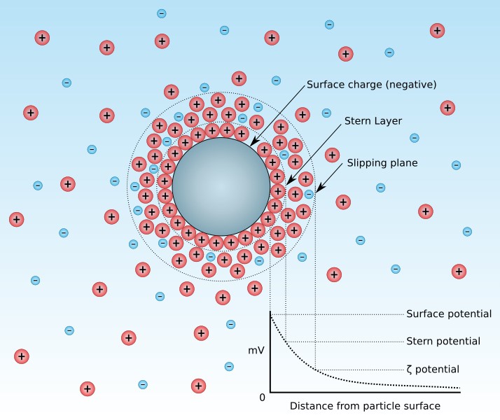 Diagram of ionic concentration and potential with distance from a charged particle.