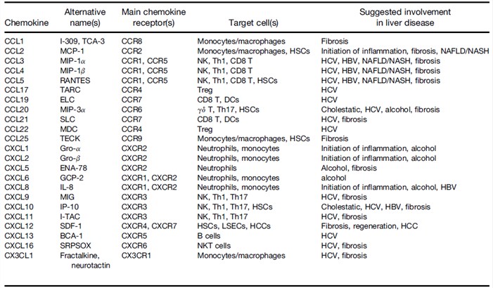 Relevant chemokines in the pathogenesis of liver diseases and their corresponding receptors.