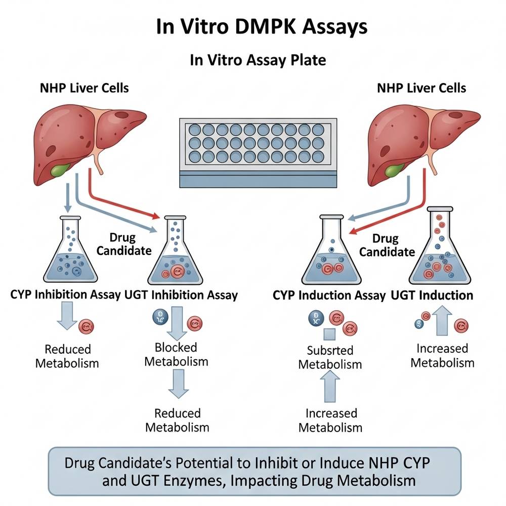 Illustration depicting in vitro drug metabolism and pharmacokinetics (DMPK) services for NHP CYP and UGT. (Creative Biolabs AI)