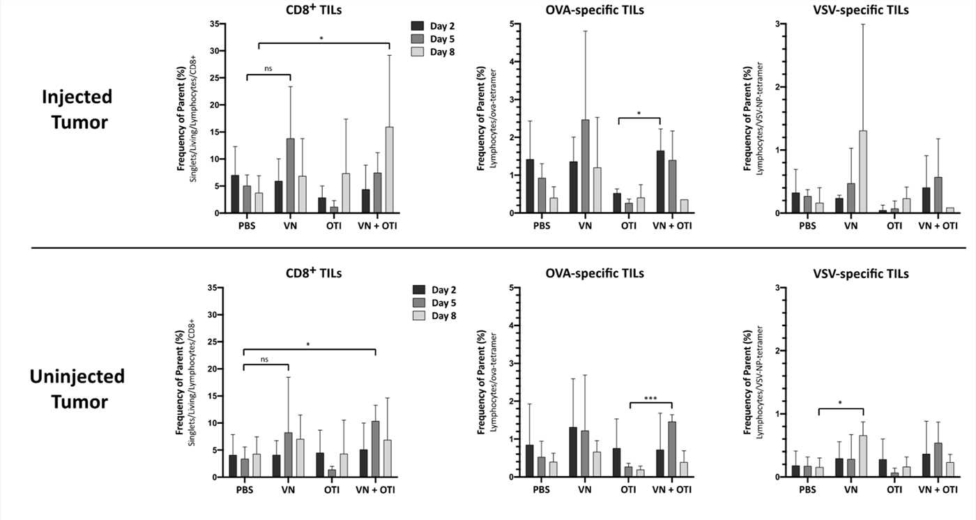 Tumor-infiltrating lymphocytes (TILs) were analyzed for CD8 surface expression and OVA or VSV specificity by flow cytometry. (OA Literature)