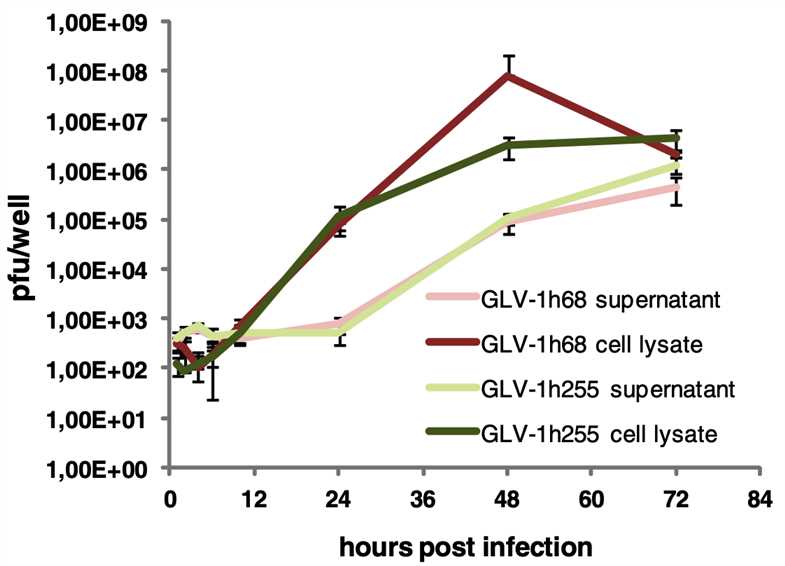 Replication kinetics of GLV-1h68 and GLV-1h255 in PC-3 cells.