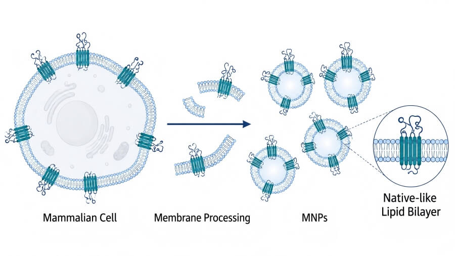 Fig 1. Schematic illustration of full-length membrane protein presentation in membrane nanoparticles (MNPs).
