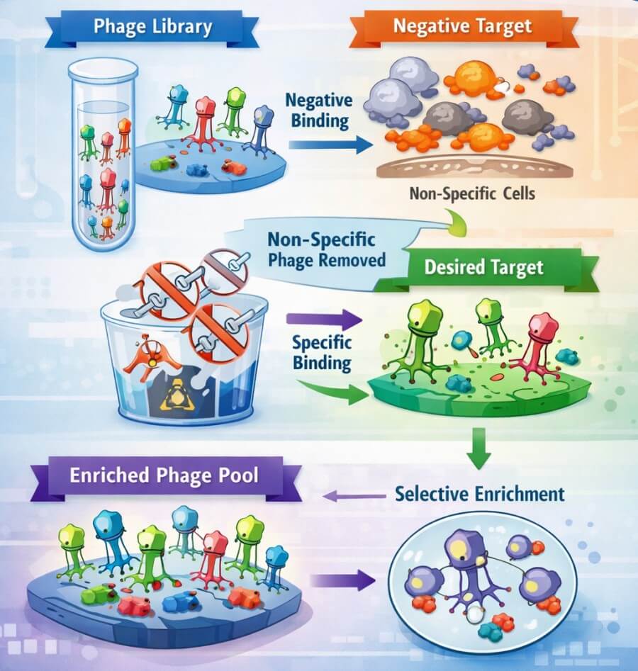 Fig.1 Phage display screening with targeted negative selection. (Creative Biolabs AI)