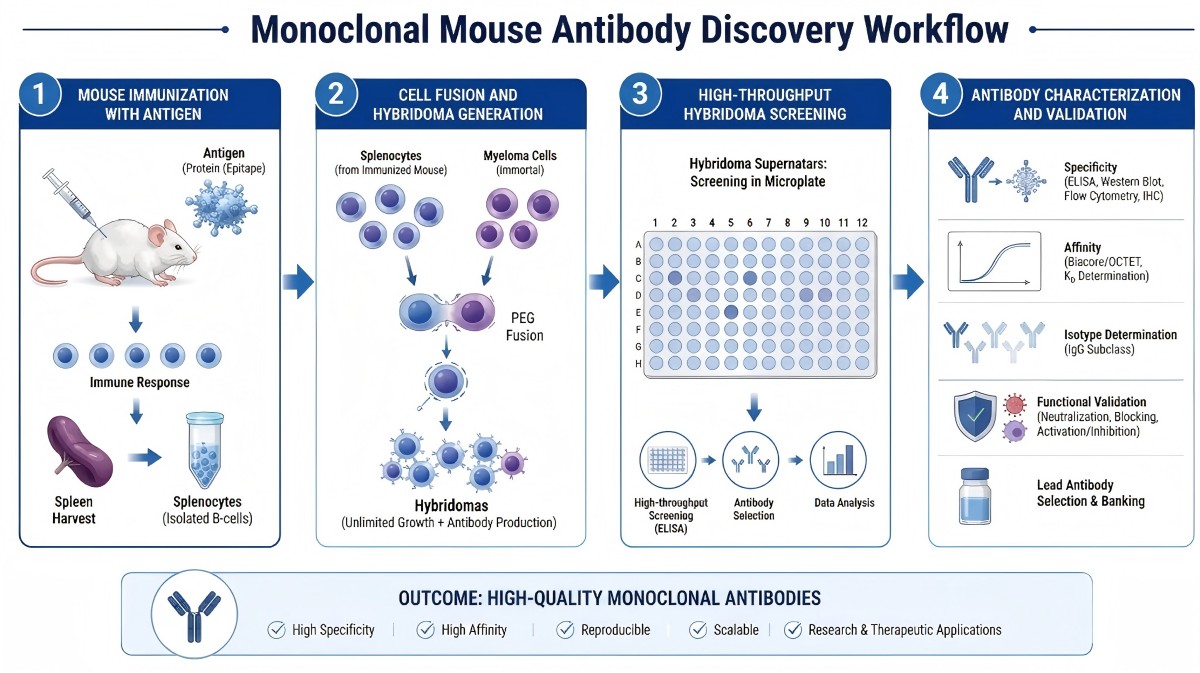 Fig.2 The workflow of mouse antibody discovery by hybridoma platform. (Creative Biolabs AI)