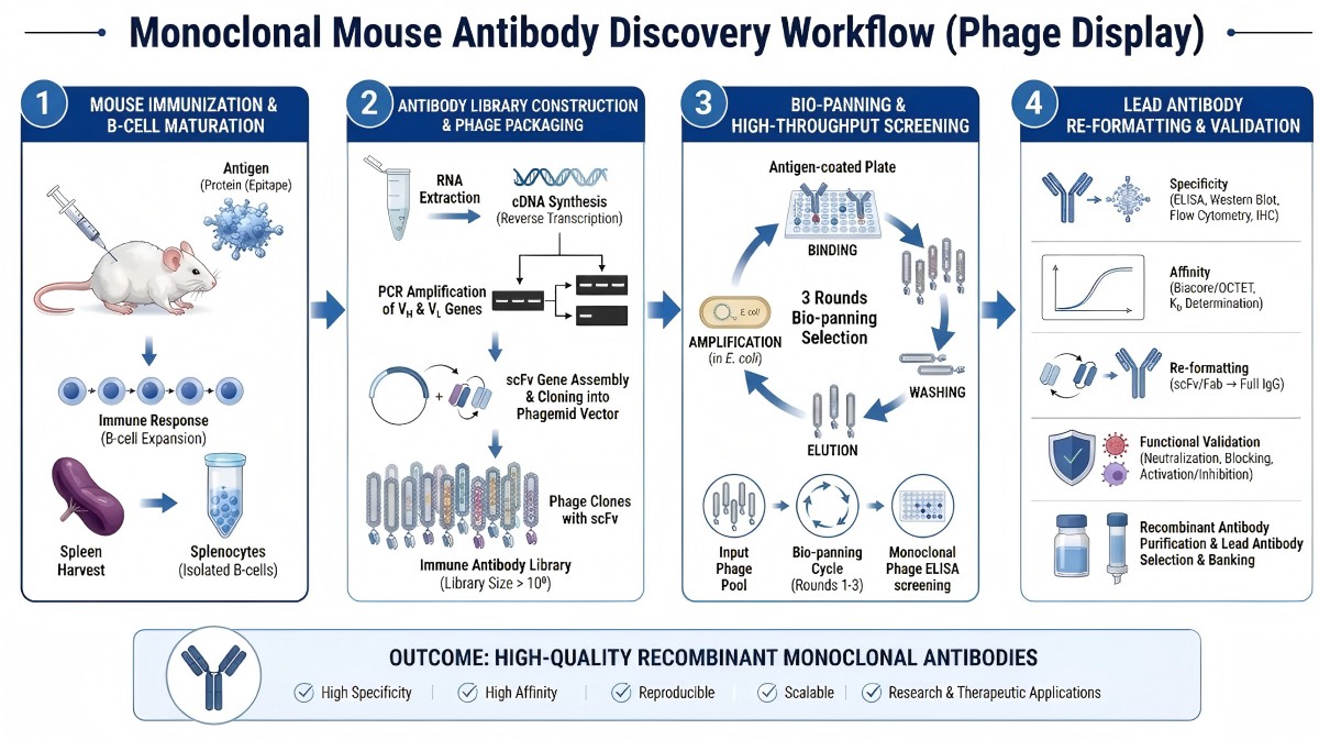 Fig.3 The workflow of mouse antibody discovery by phage display platform. (Creative Biolabs AI)