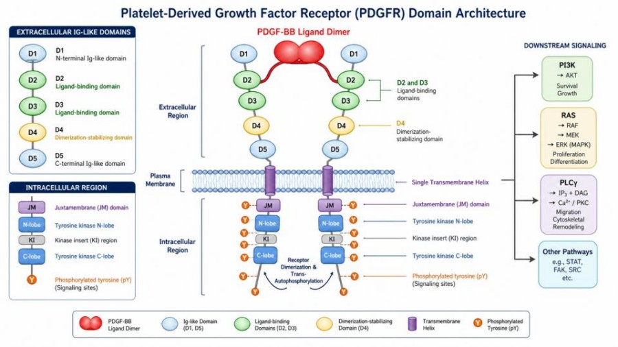 Fig.1 PDGFR Domain Architecture & Downstream Signaling (Creative Biolabs AI)