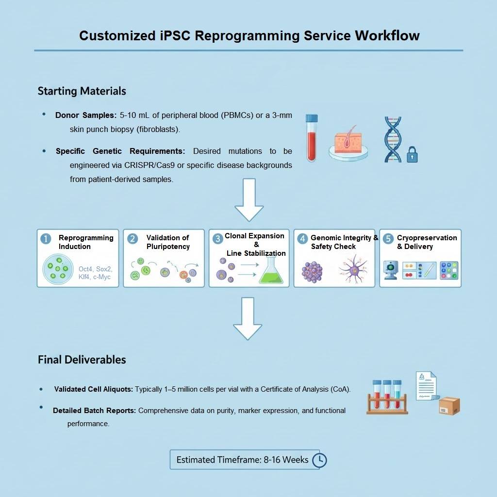 Creative Biolabs' customized iPSC reprogramming service process. (Creative Biolabs Original)