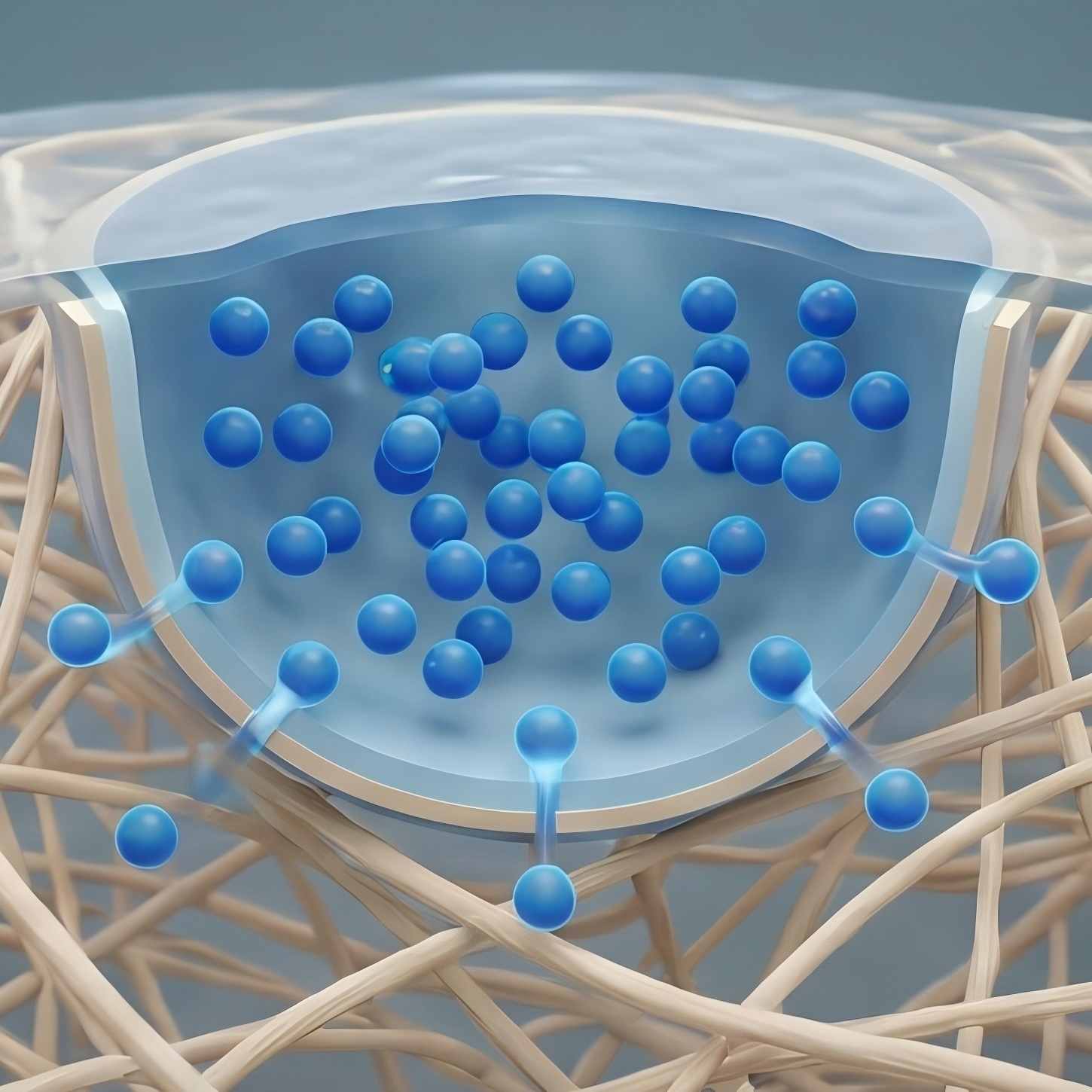 Diagram showing blue growth factor molecules being released from a hydrogel carrier into a surrounding fibrous network. (Creative Biolabs AI)