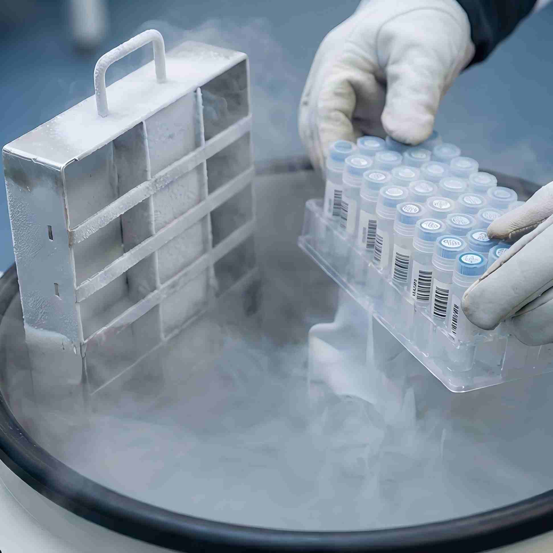 Gloved hands lowering a metal rack of sample vials into a liquid nitrogen tank filled with cold vapor for cryopreservation. (Creative Biolabs AI)