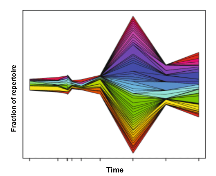 Overlap between time points, and the stream plot showing how clones expand and contract over time