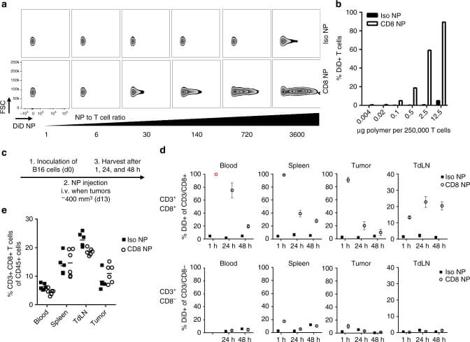 Schematic of CD8a-targeting nanoparticles bind to T cell in vitro and in vivo. (OA Literature)