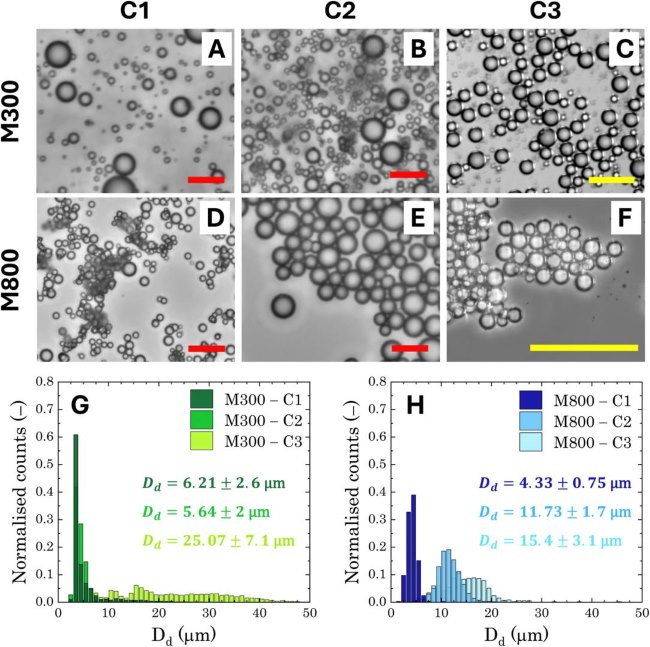 Fig.2 A Droplet size distribution of the microgels stabilised Pickering emulsions. (El-Zaafarany, Ghada M et al.., 2018)