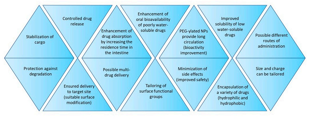 Diagram illustrating the advantages of using drug-loaded polymeric nanoparticles, including controlled drug release, stabilization of cargo, protection against degradation, enhanced bioavailability and absorption, long circulation via PEGylation, minimized side effects, tailored surface functionalization, multi-drug encapsulation, improved solubility of poorly soluble drugs, and customizable size and charge for targeted and safe delivery. (OA Literature)