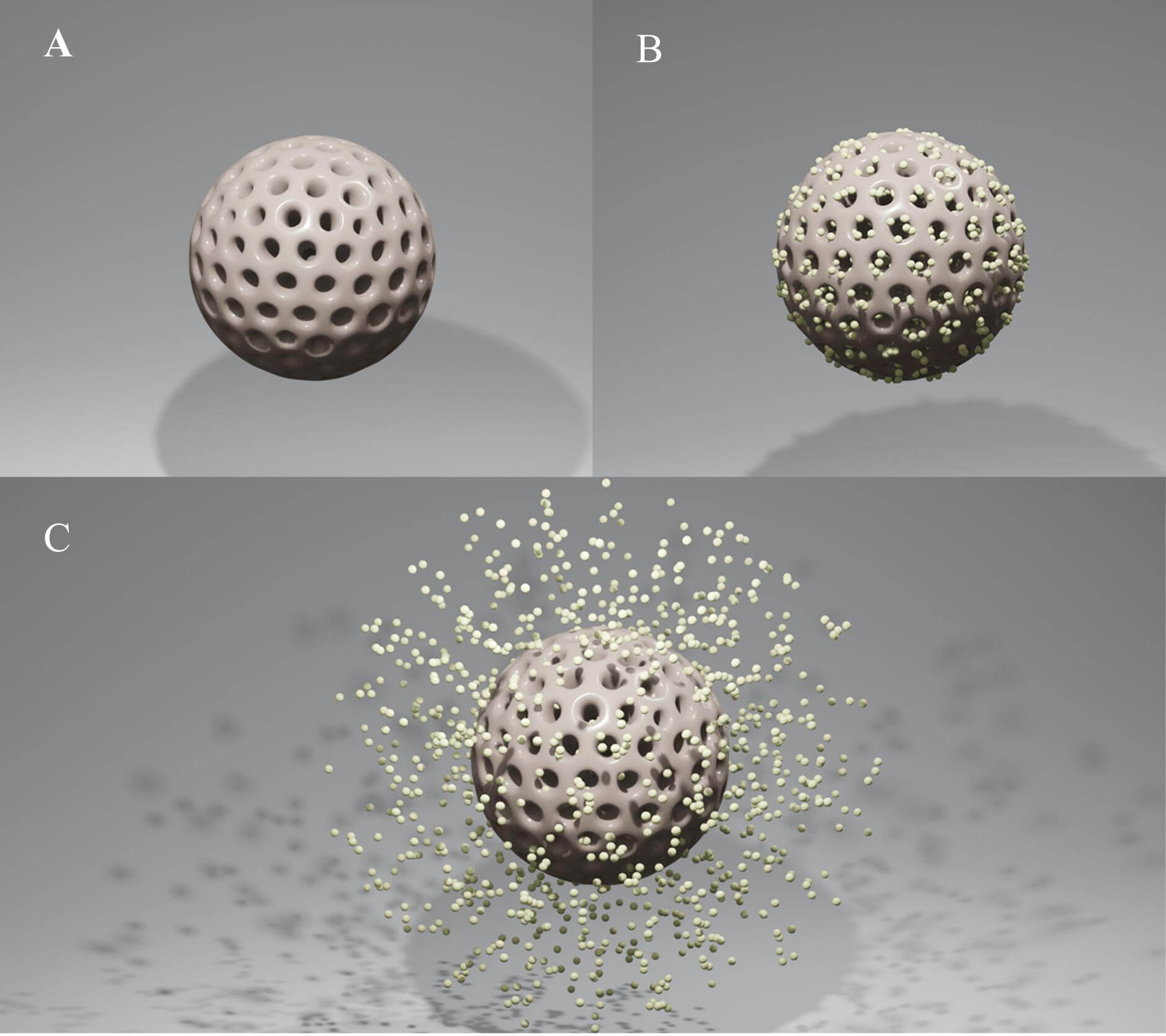 Illustration of mesoporous silica nanoparticles (MSNs) for drug delivery: Shows MSN structure (A), drug loading onto MSNs (B), and controlled drug release from MSNs (C), demonstrating the mechanism of drug encapsulation and release in MSN-based delivery strategies for SEO article on nanoparticle-driven drug delivery approaches. (OA Literature)