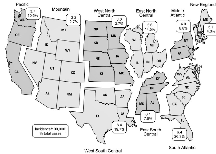 Geographic Distribution of Cat Scratch Disease Cases by US Census Division in 2005-2013